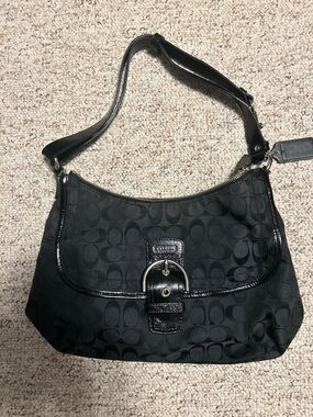 Coach Black Signature Jacquard Hobo Shoulder Bag with Buckle